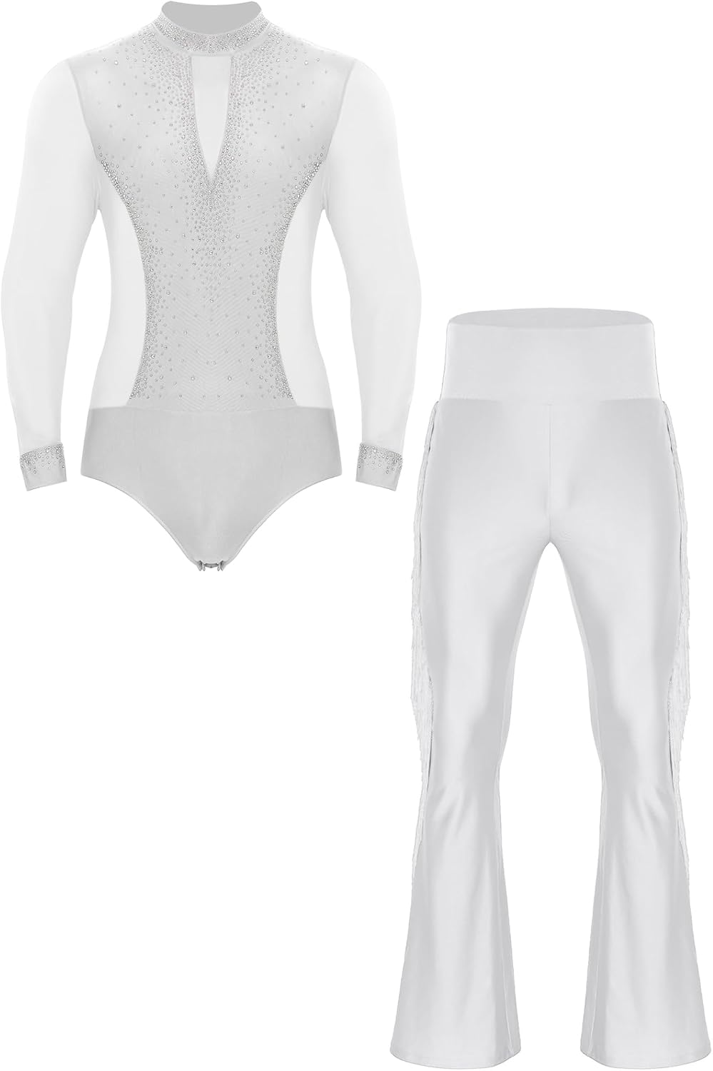 JEYPINMI Men's Shiny Latin Dance Leotard Ballroom Dancing Top with Modern Practice Dance Pants 2-piece Outfit