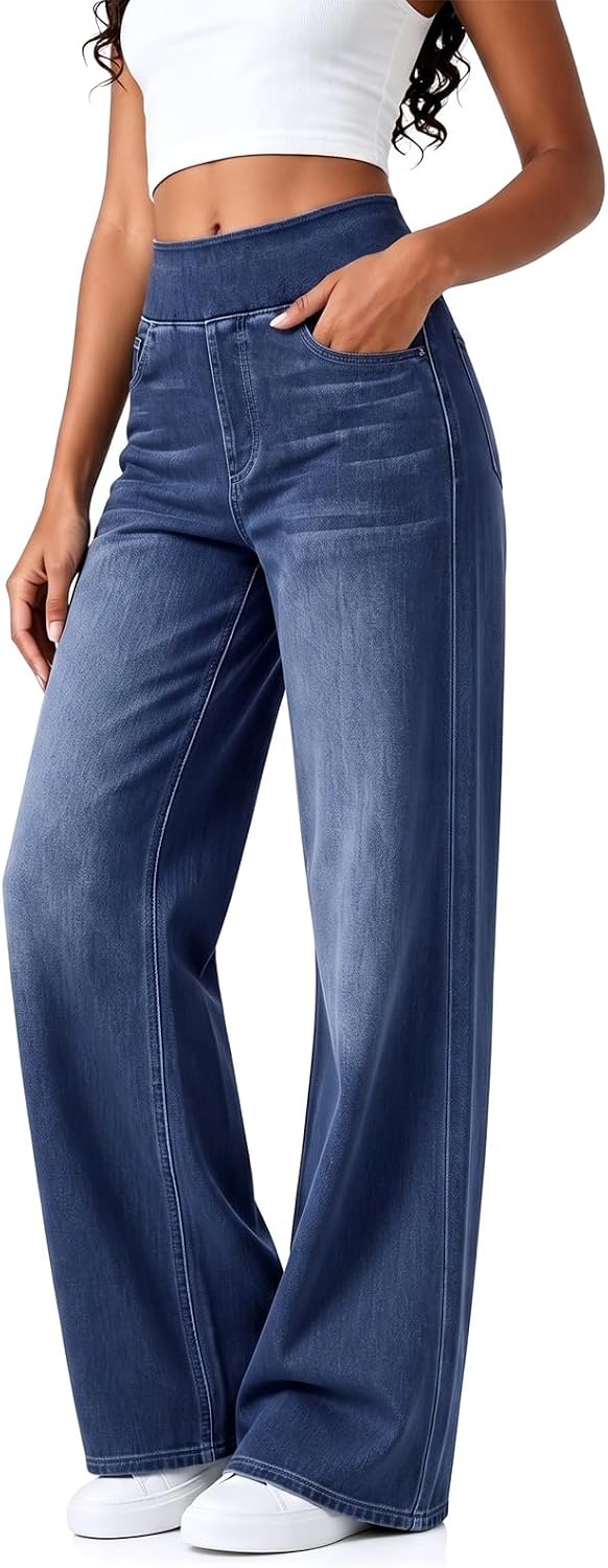 Fisoew Womens Baggy Wide Leg Jeans High Waisted Pull On Jeans Straight Leg Stretchy Boyfriend Pants