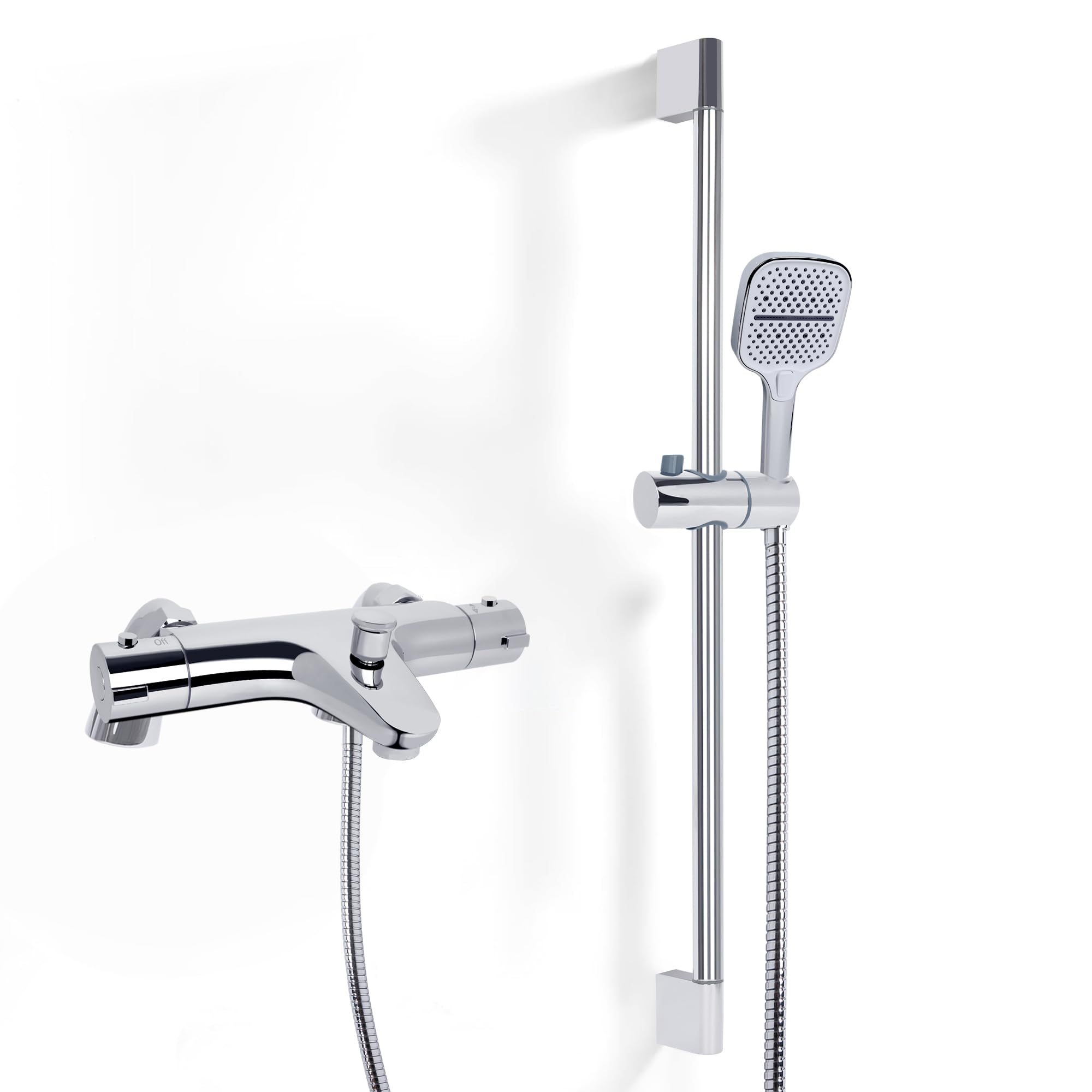 Ronvie Chrome Thermostatic Bath Shower Mixer Tap Set With 3-Spray Hand Shower, Bath Taps With Shower Attachment, Anti-Scald Safety System, 70Cm Adjustable Rail (Deck Mounted, 38°C Temperature Control)
