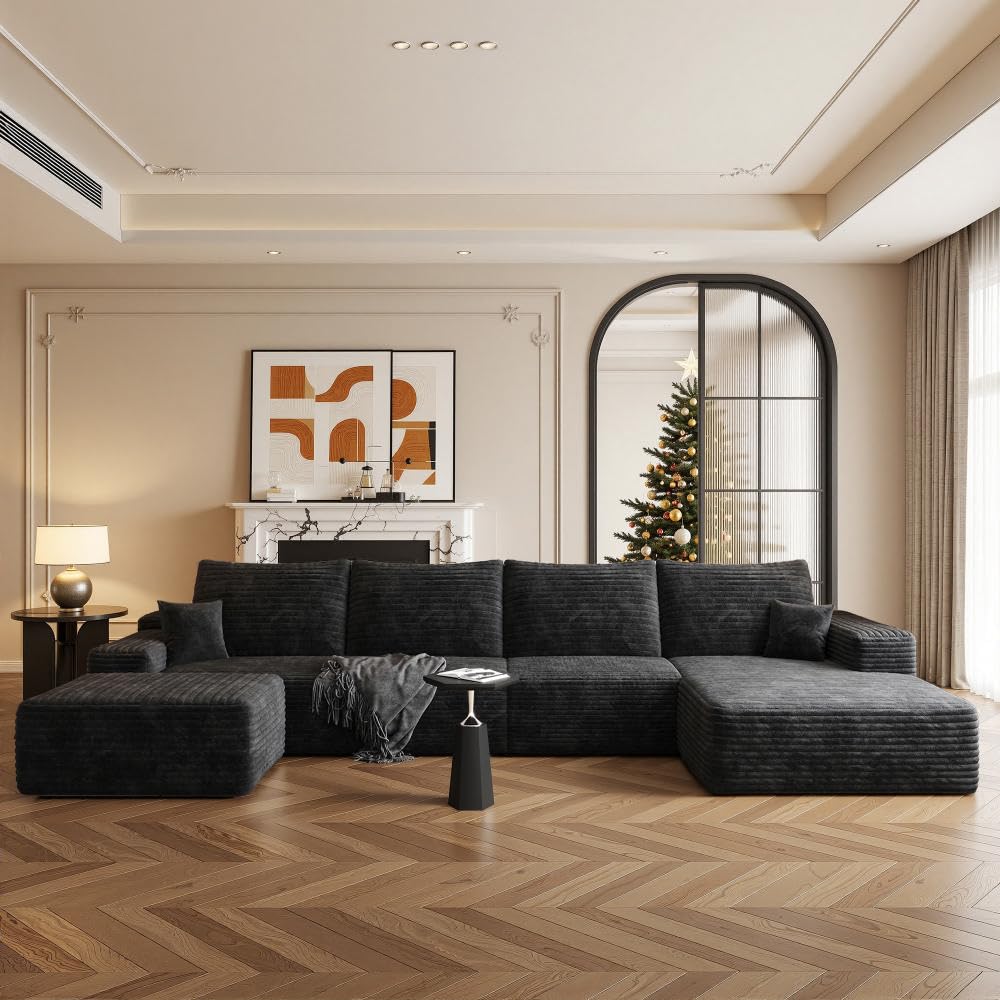 Boneless Couch, Modular Sectional Couches for Living Room, U-Shaped Cloud Couch Sofa with Deep Seat, Fluffy Corduroy Upholstered Corner Sofa