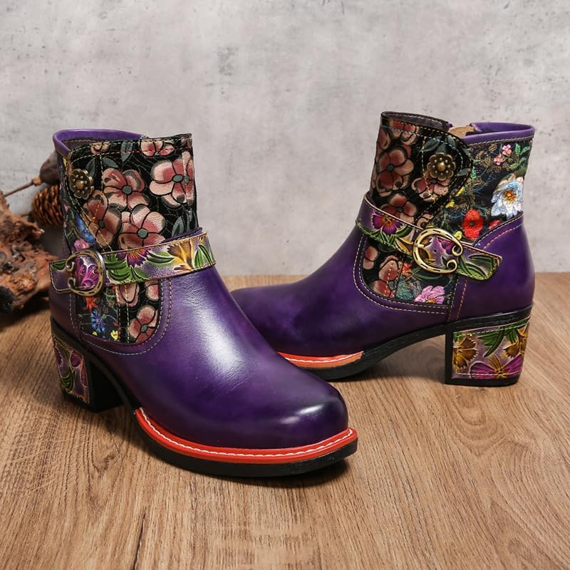 SOCOFY Womens Ankle Boots Cowgirl Boots Bohemian Block Heels Leather Western Boots Colorful Leather Winter Ankle Boots Floral Splicing Zipper Short Boots for Walking, Wedding, Party3