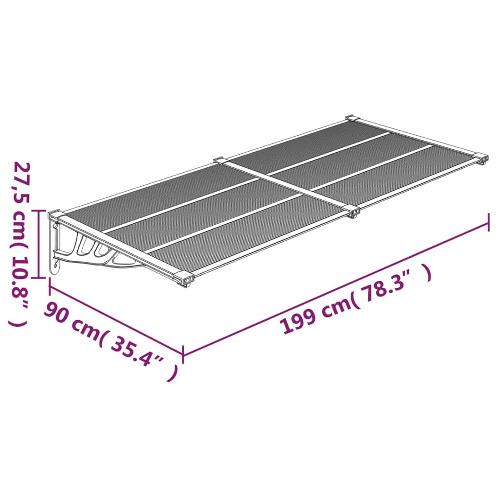 IKAYAA Marquesinas Exterior para Puertas y Ventanas de Aluminio, Tejadillo de Protección, Cubierta de Policarbonato,Toldo de Entrada de Porche, Dosel de Techo, 199 x 90 cm,Negro