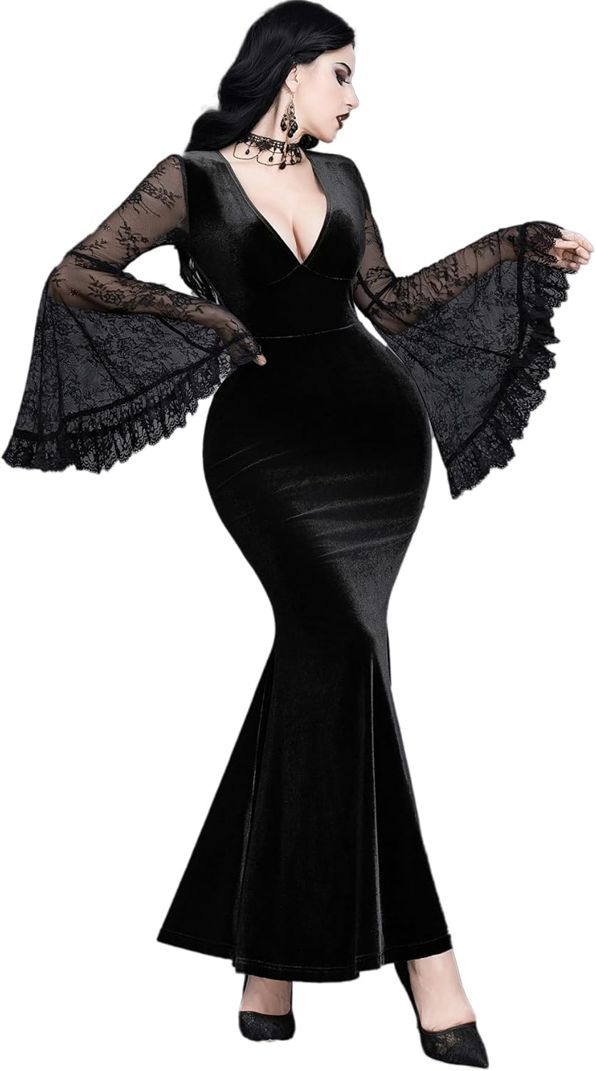 Women Gothic Sexy V Neck Lace Sleeve Retro Patchwork Dark Bridal Goth Dress