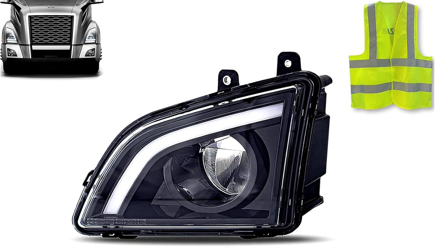KOZAK Black Housing LED Fog Light (Left Driver Side) Compatible with Volvo VNL 2018+ PLUS Logo Reflective Vest