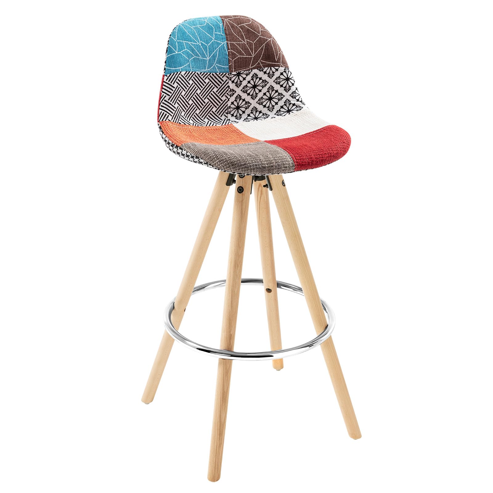 WOLTU 1 x Tabouret de Bar en Lin avec Dossier + Repose-Pieds Design Tabouret de Cuisine en Bois,Patchwork Multicolore