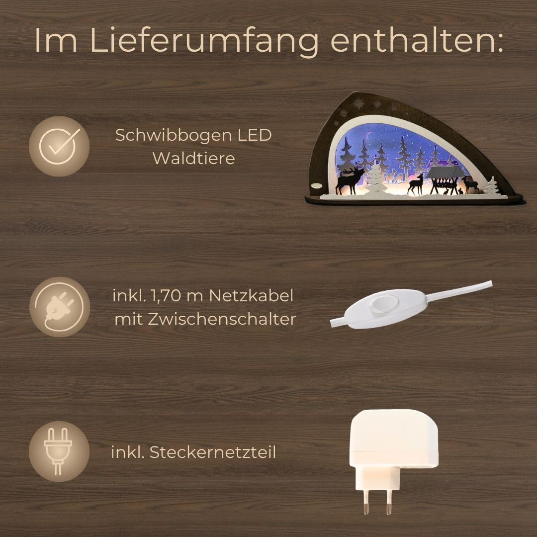 weigla - Schwibbogen original Erzgebirge I Motiv Waldtiere I LED-Lichterbogen Weihnachten I Größe 66 x 33,8 x 6 cm I Inklusive Beleuchtung I beleuchtete Weihnachtsdeko innen I aus Holz