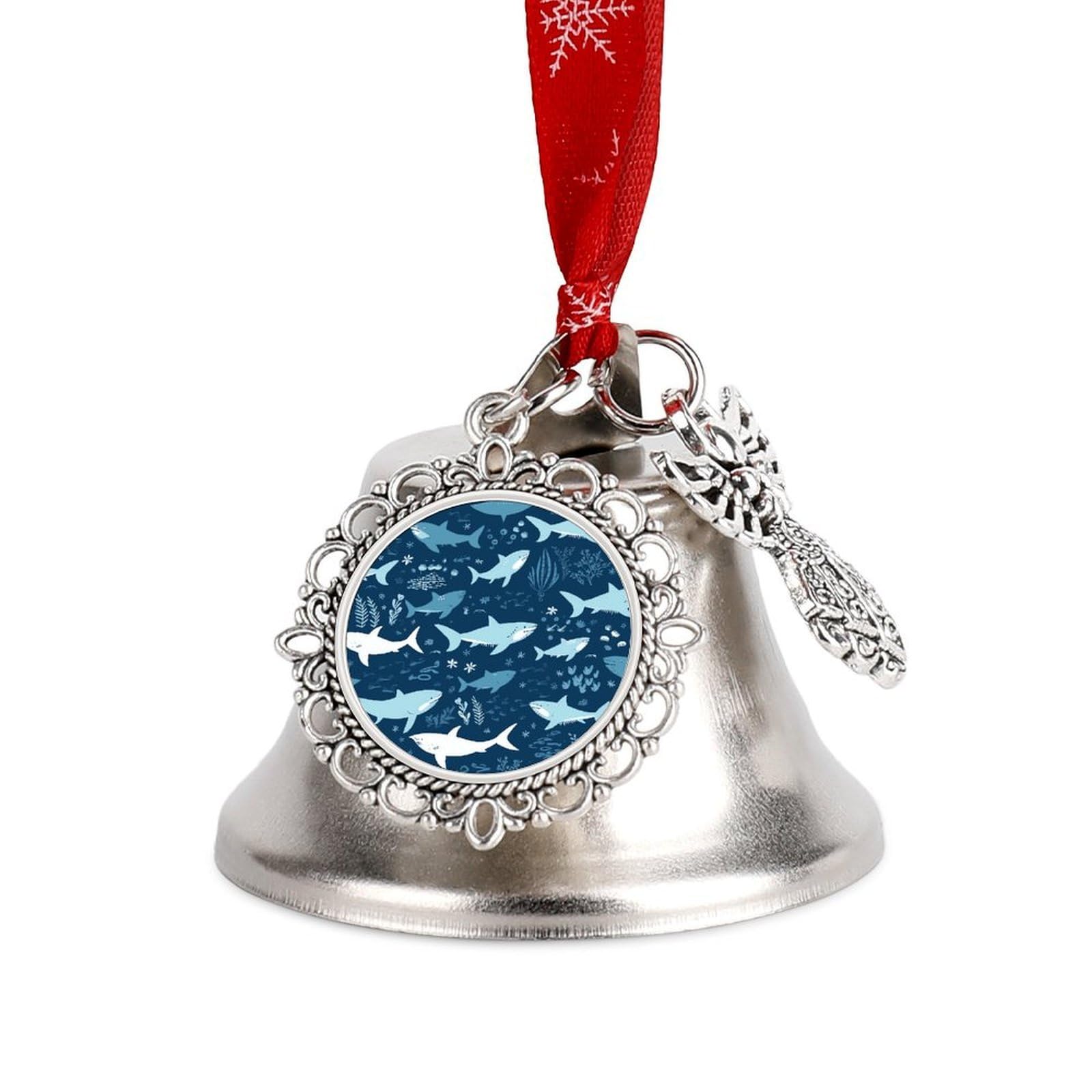 Sharks Bell Ornament Red Ribbon for Christmas Tree Holiday Decoration Personality Believe Bell Ornaments Sleigh Bells for Winter New Year Party Supplies