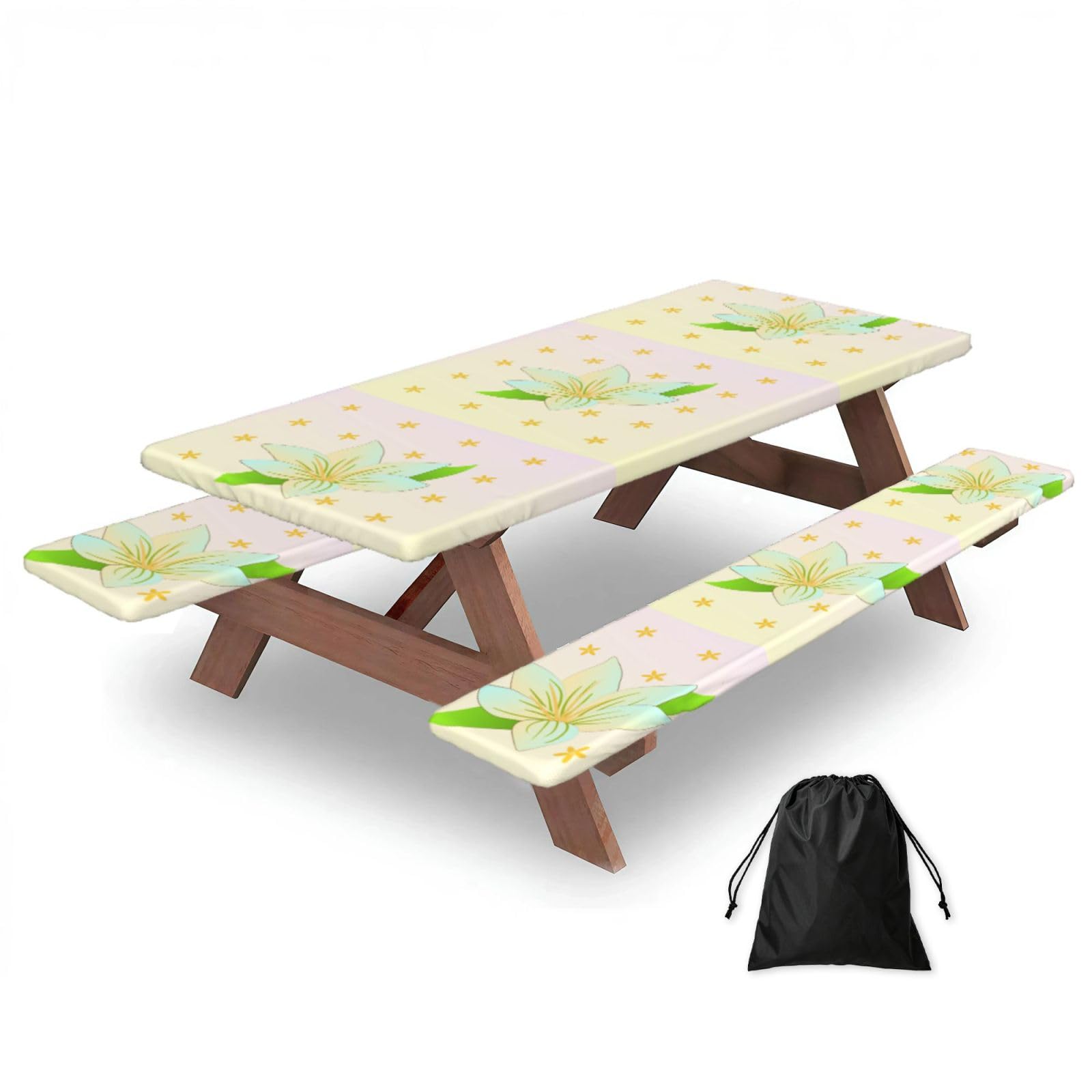 Erwqavc Black Blooming Daffodils Print Picnic Table Cover & Bench Covers 3-Pack Set, Elastic Tablecloths For 6 Ft Rectangle Tables