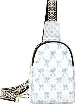 Small Sling Bag Blue Bows Crossbody Bags for Women Men Vegan Leather Fanny Pack with Guitar Strap