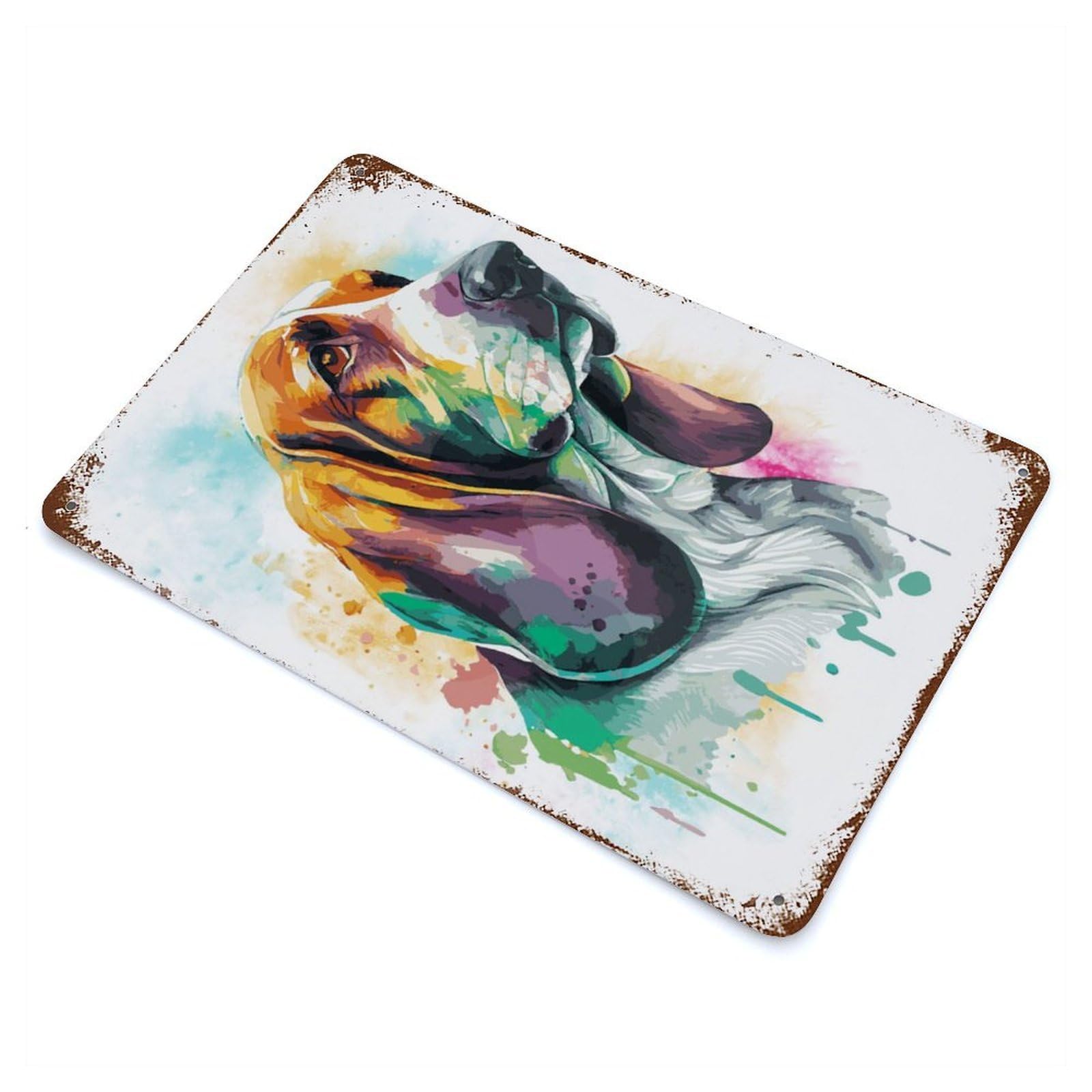 Garage Style Watercolor Basset Hound Rustic Tin Plaque 11.8"x7.9", Classic Wall Plaque for Bar And Workshop