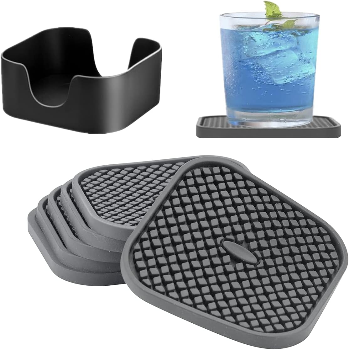 IYYI Silicone Coasters Set of 6, Drink Coasters with Holder, Non-Slip Cup Mat, Deep Tray Absorbent Coaster, Heat Resistant Countertop Protection (Black-Square)
