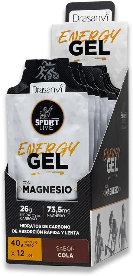 DRASANVI Gel Energético con Magnesio | Más Energía | Acelera la Recuperación Muscular | Rehidratación | Hidratos de Carbono de absorción rápida y lenta | Sabor Cola | 12 uds x 40g