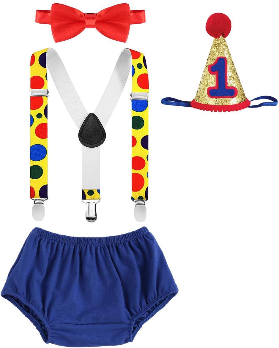 IWEMEK Baby Boys 1st 2nd Birthday Circus Cake Smash Outfit Photo Clown Costume Bloomers Suspender Pants Bow Tie Party Hat Set