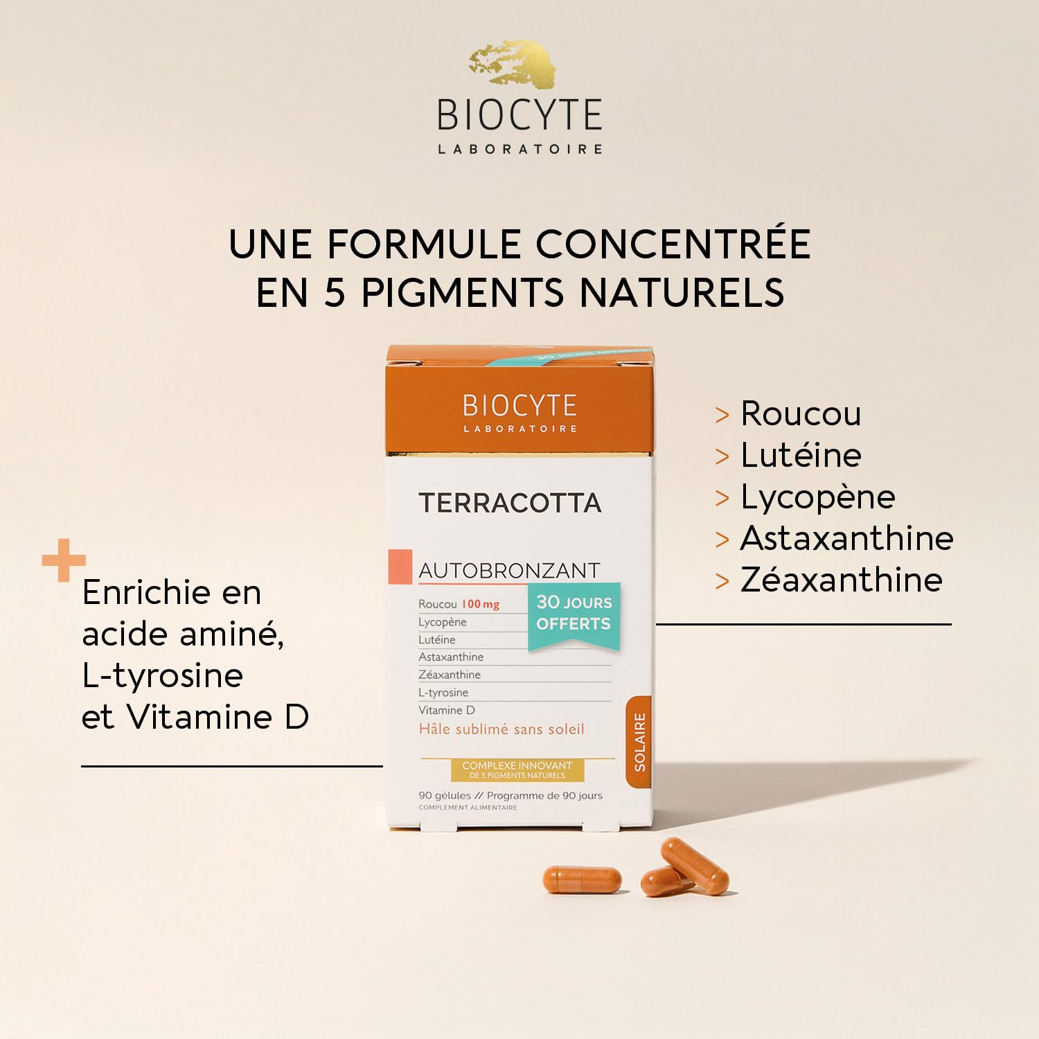 BIOCYTE Zestaw Terracotta Samoopalający - Bezsłoneczny odcień - Bez Beta Carotene - , Luteina, Astaksantyna, L-tyrozyna, Witamina D - 90-dniowy program