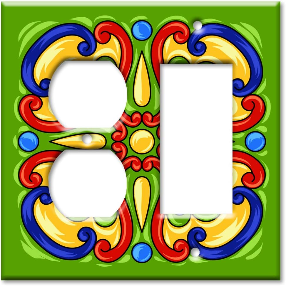 Art Plates - Decorative Light Switch Plate Cover Plate - Decorative Metal Wall Plate - Combo: Outlet - Decora - Green Mexican Talavera Tile (PRINTED IMAGE) - (Made in USA)