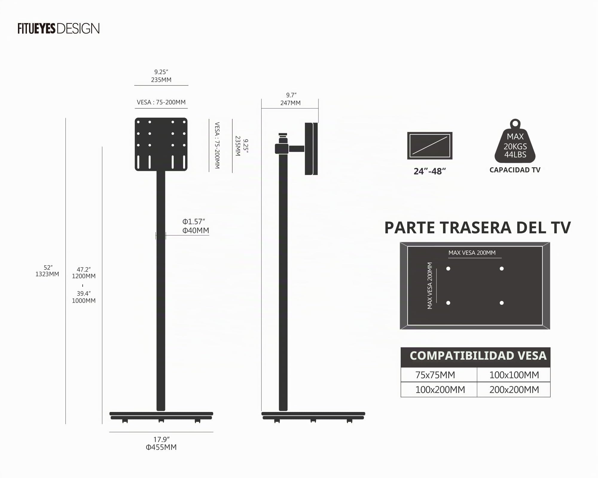 FITUEYES Soporte TV Pie para TV 24-48 Pulgadas Rotación de 90 Capacidad de 20 kg Altura Ajustable VESA Máximo 200 * 200mm Serie Master (Blanco)