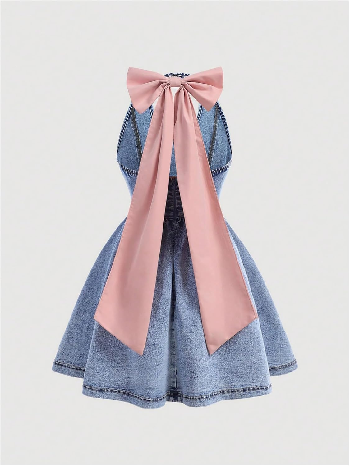 GORGLITTER Girl's Denim Dress Cute Bow Sleeveless Halter Jean Backless A Line Birthday Prom Party Mini Short Dress