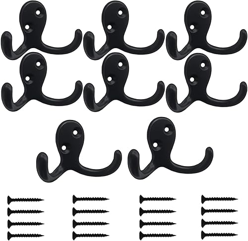 Miniatura 8 de Paquete de 4 ganchos de pared para colgar abrigos, resistentes, ganchos negros para toallas, colgador doble de metal con tornillos retro para