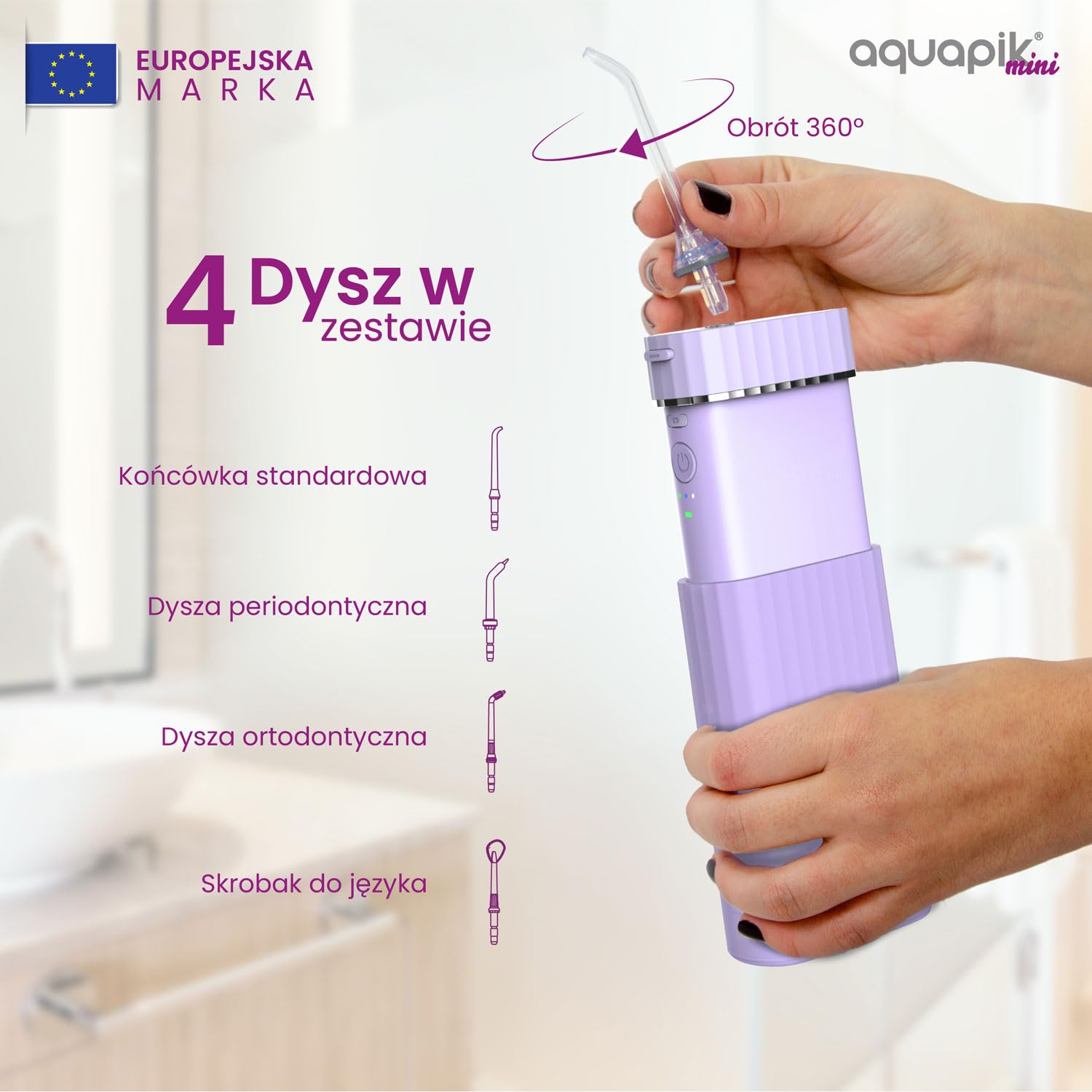 Aquapik Mini przenośny irygator dentystyczny. 3 tryby użytkowania, wodoodporny IPX7, 4 dysze w zestawie, akumulator i kompaktowy, idealny w podróży, polecany przez dentystów dla całej rodziny