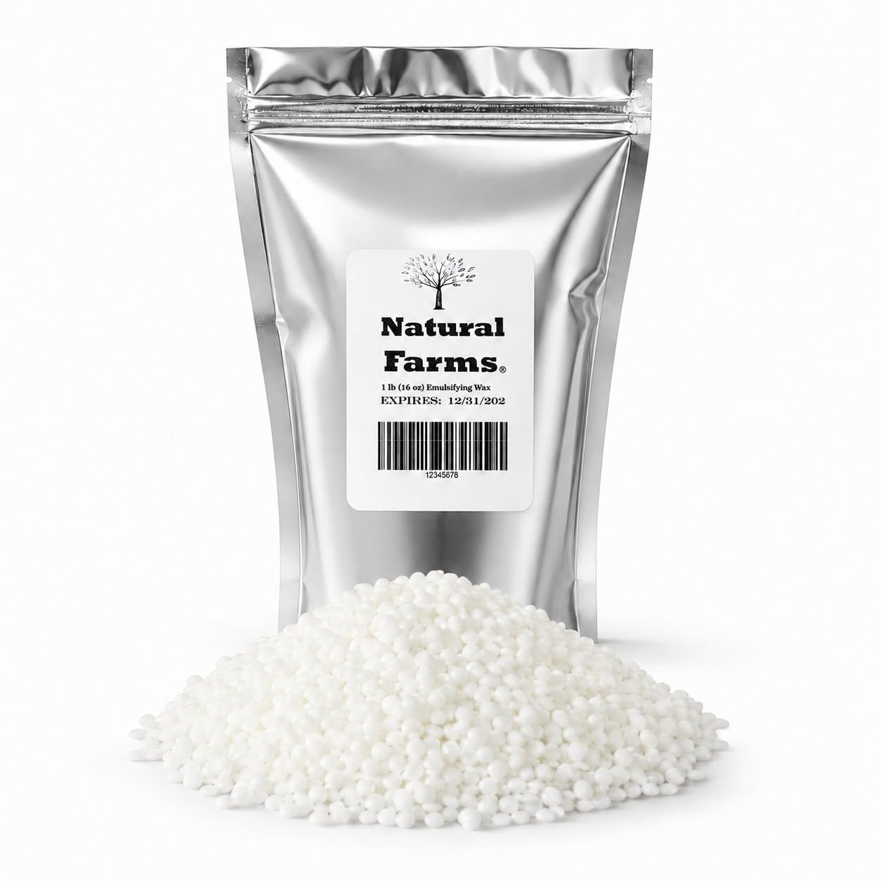 Pastillas de cera emulsionante sin OMG NF – 16 onzas – para cosméticos de bricolaje, jabón, velas, empaquetadas en bolsa termosellada de Mylar Natural Farms
