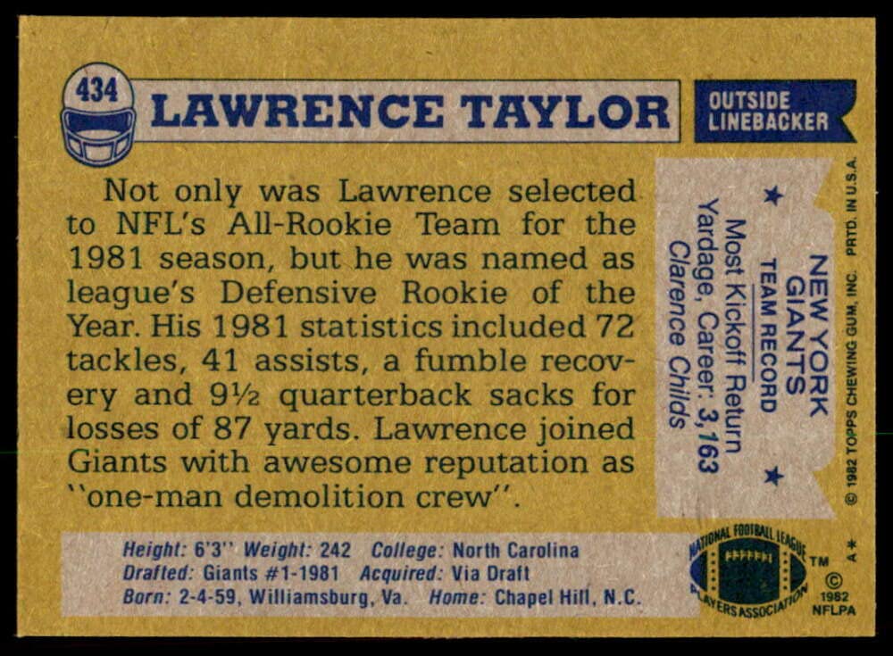 Football NFL 1982 Topps #434 Lawrence Taylor RC NY Giants