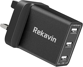 USB Plug Charger, Rekavin 3-Port USB Fast Charger Plug Adapter Multi USB Wall Charger, UK Mains Charger Charging Plug for iPhone 12 11 Pro Max XS 8 7 6s,Samsung S21 S20 S10 S9 S8