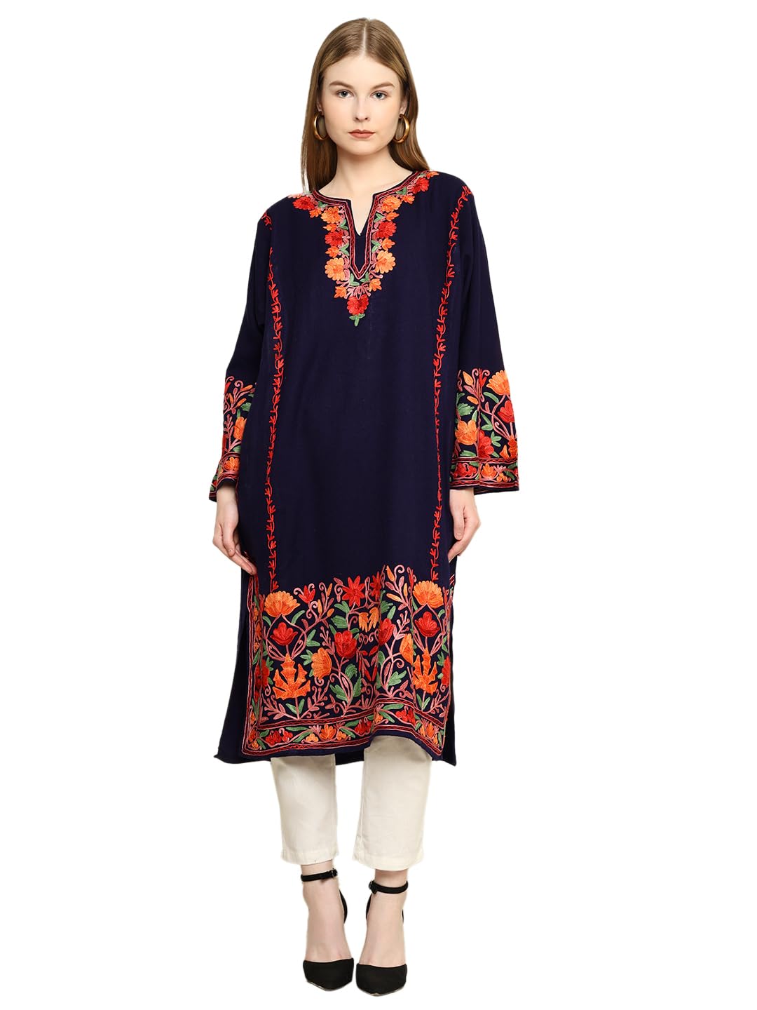 CRAFTBAZAR Kashmiri Embroidered Cashmilon Phiren Designer Multi-image-1