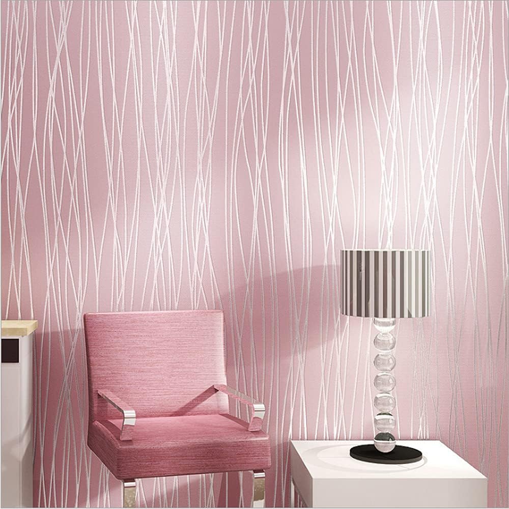 Q QIHANG 1.73' W x 32.8'L Irregular Vertical Stripes European Style Modern Minimalist Bedroom TV Background Wall Cafe Hotel Restaurant Non-Woven Non-Pasted Wallpaper (Pink)