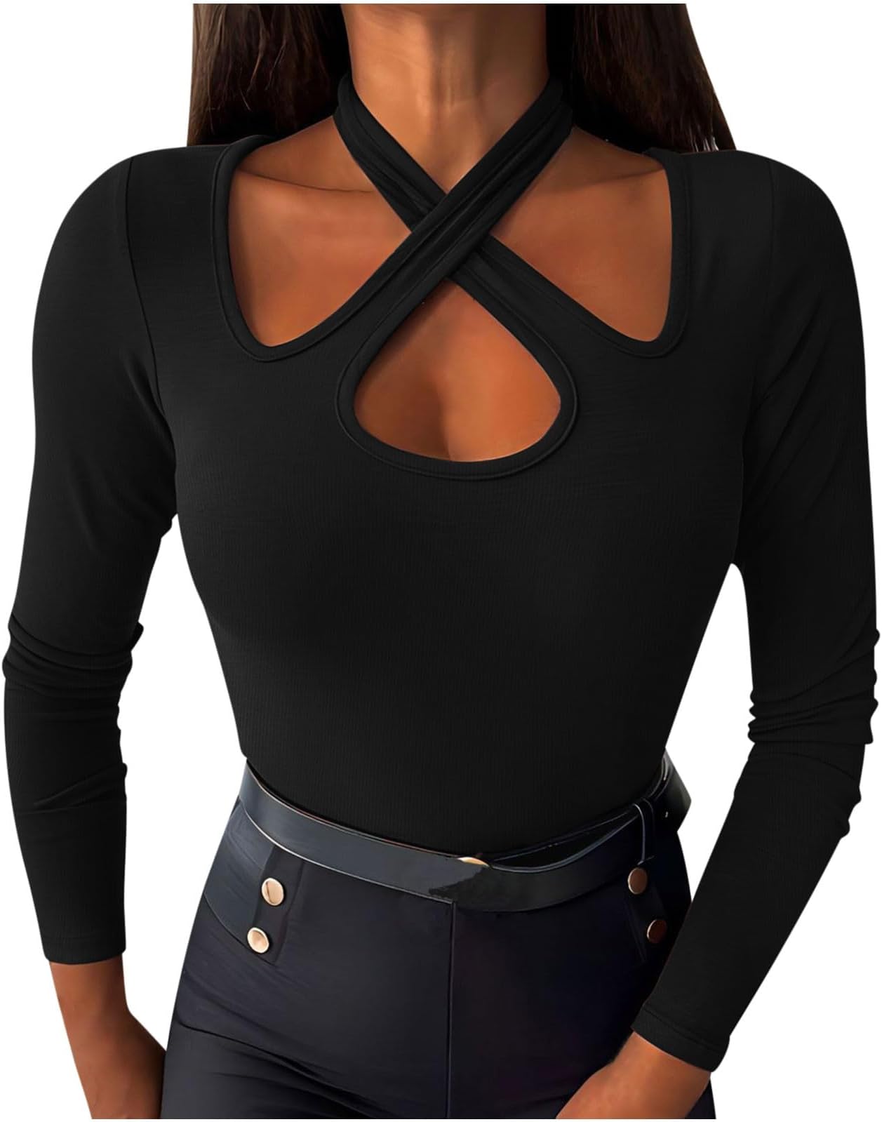 Womens Long Sleeve Tops Casual Ribbed Knitted Criss Cross Neck Shirts Ladies Blouses Tunic Slim Fit Base Layer Shirt