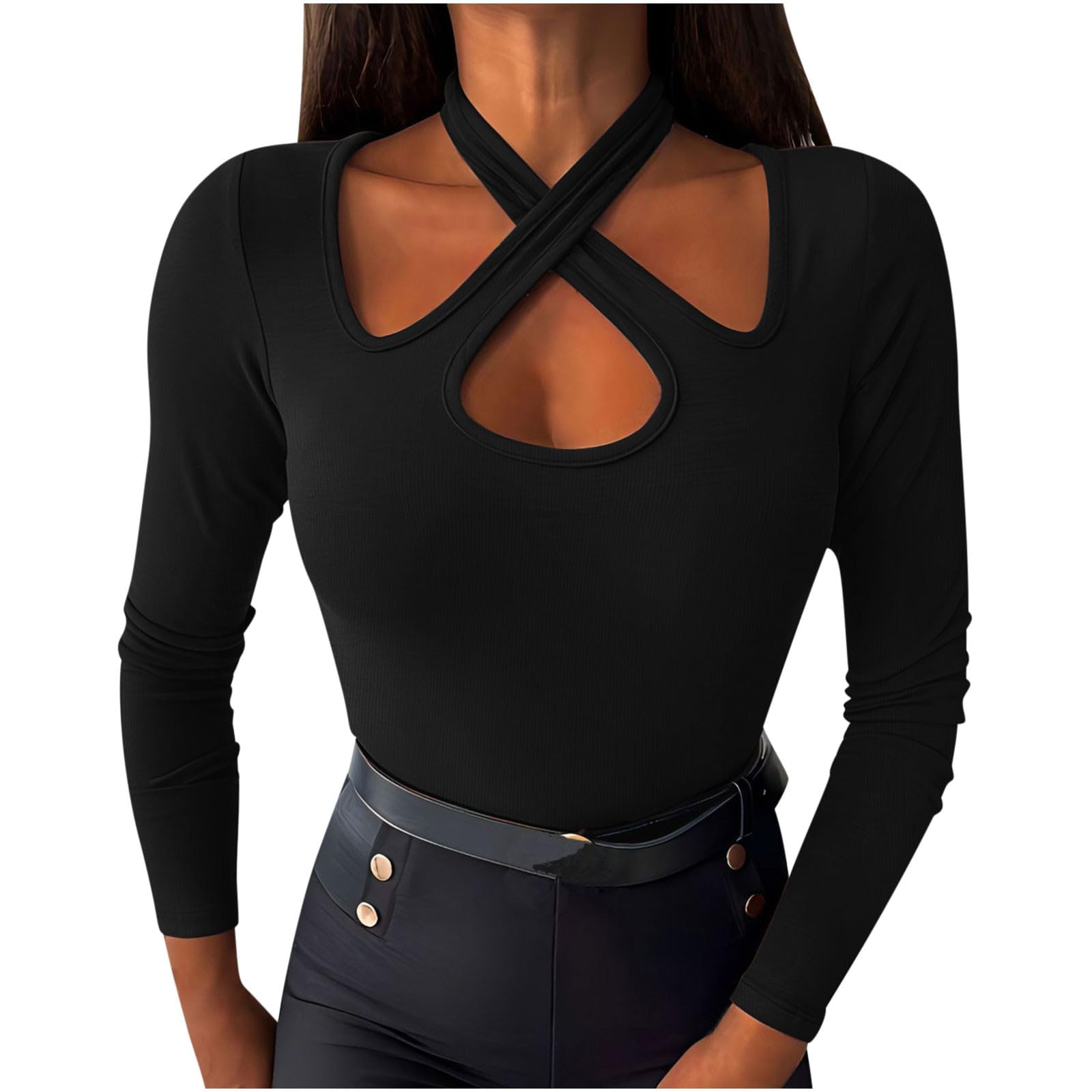 Womens Long Sleeve Tops Casual Ribbed Knitted Criss Cross Neck Shirts Ladies Blouses Tunic Slim Fit Base Layer Shirt