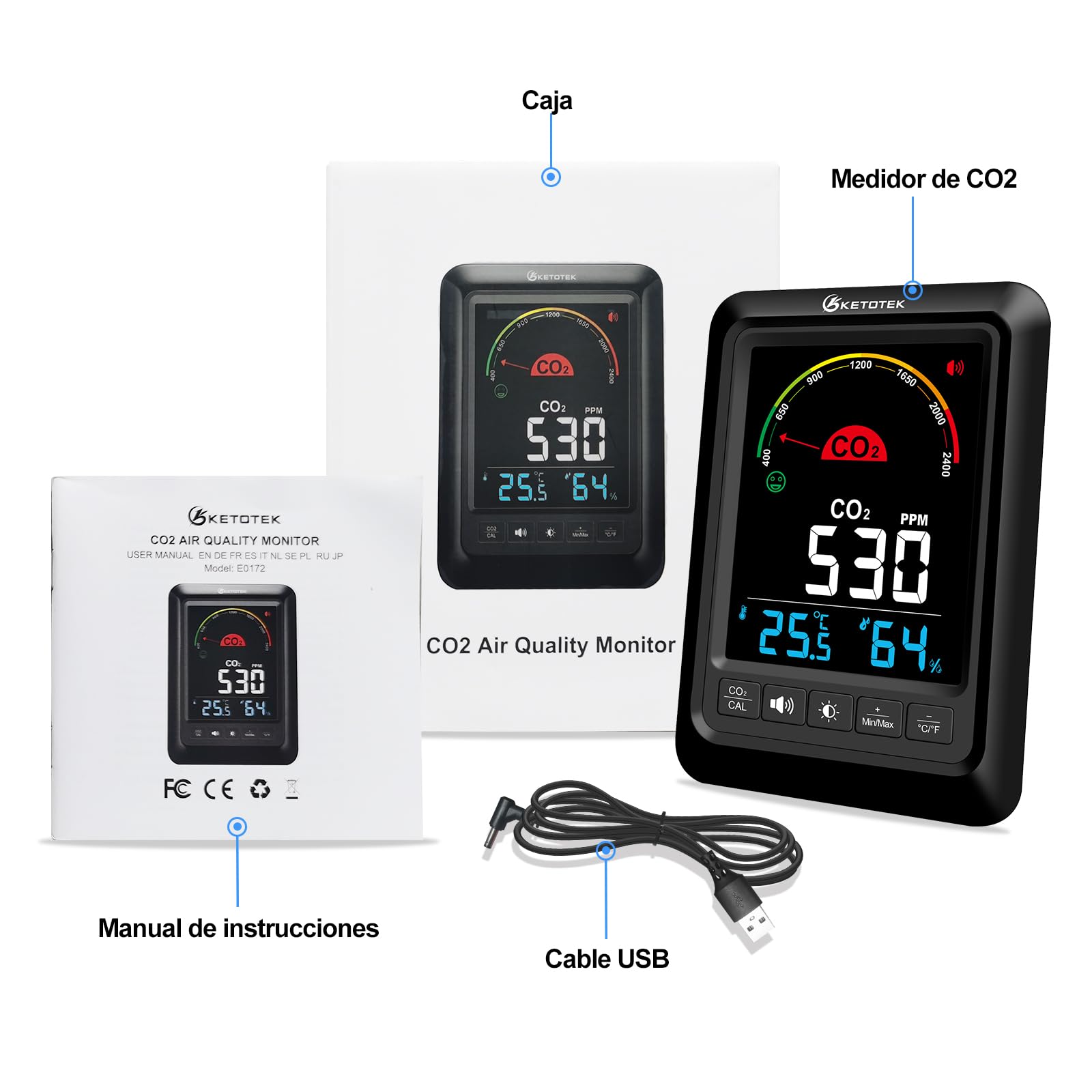 KETOTEK Monitor de CO2, Monitor de Calidad del Aire Interior con Alarma CO2, Detector de Dióxido de Carbono, Temperatura y Humedad para Hogar Oficina o Escuela