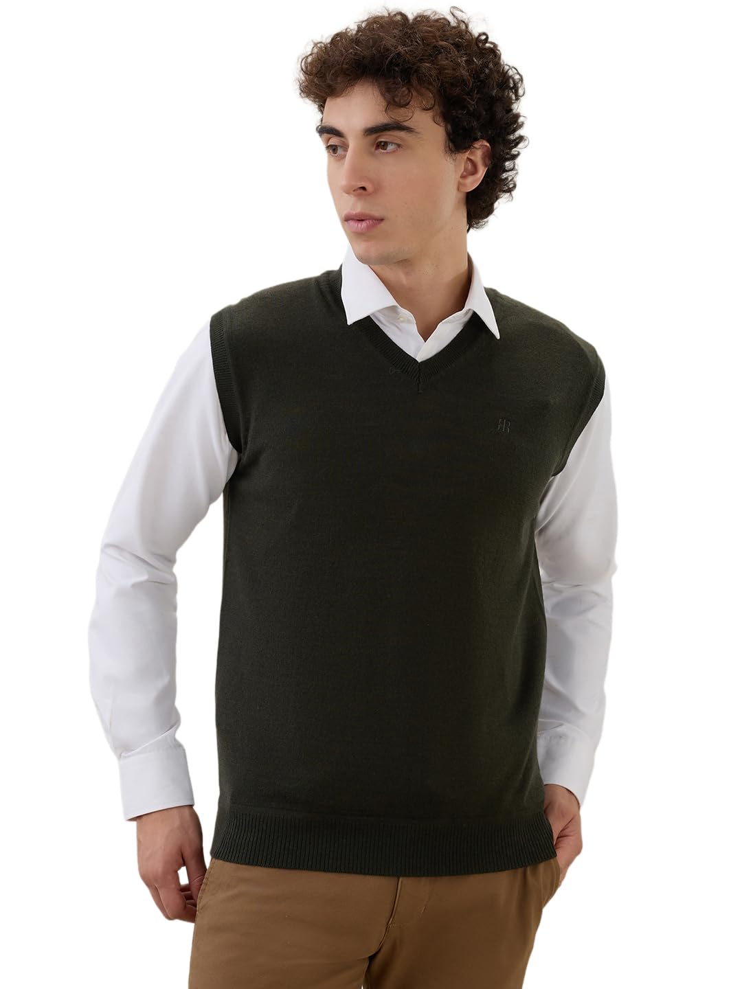 raymond Men Regular Fit Solid Pattern Merino Wool Acrylic Blend Sleeveless V Neck Casual Winter Wear Green-picture-14