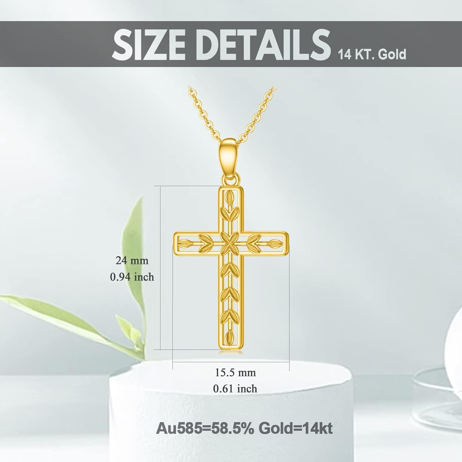14K Gold Cross Necklace for Women, Real Yellow Gold Filigree Pommy Cross Pendant Necklace, Religion Jewelry for Girls Ladies Mom, 16"+1"+1" - Image 2
