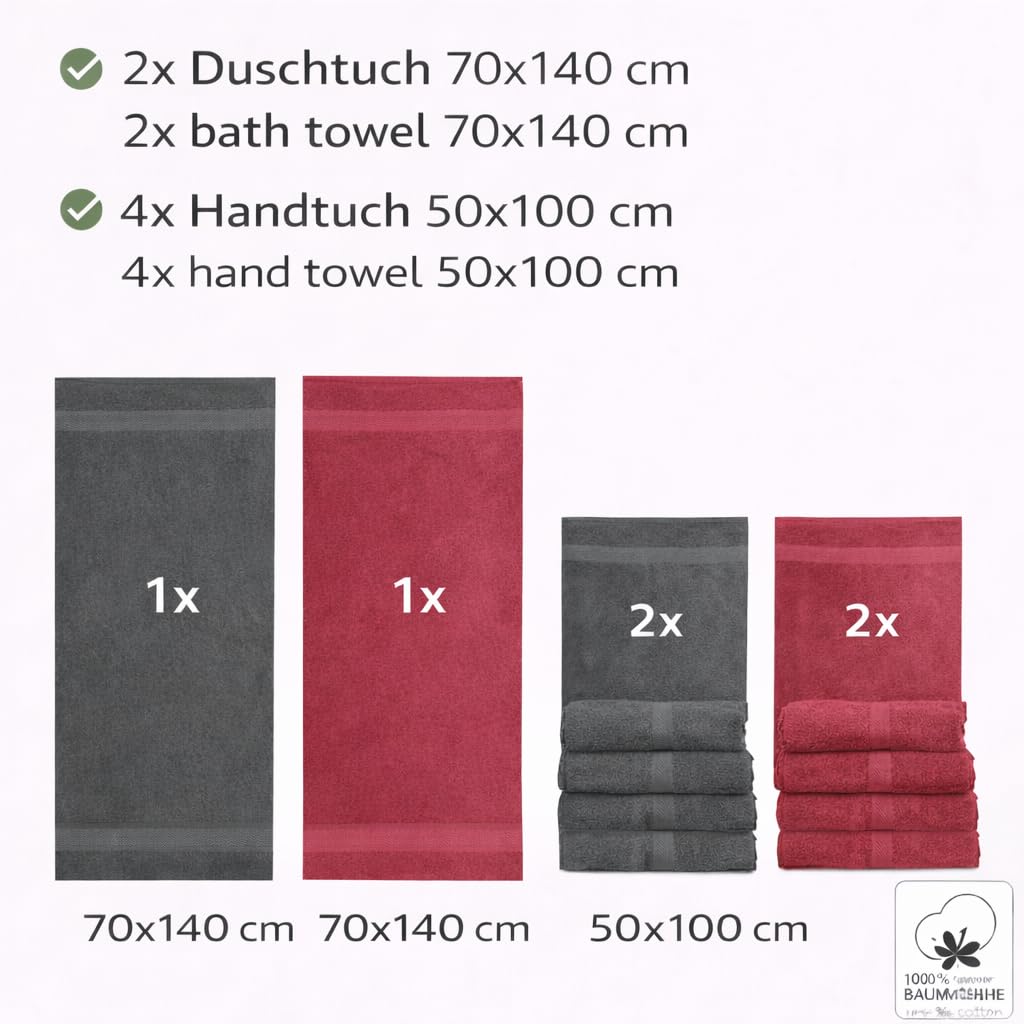 Betz Set di 6 asciugamani di PALERMO 100% cotone 2 asciugamani da doccia 4 asciugamani Colore antracite - rosso cranberry