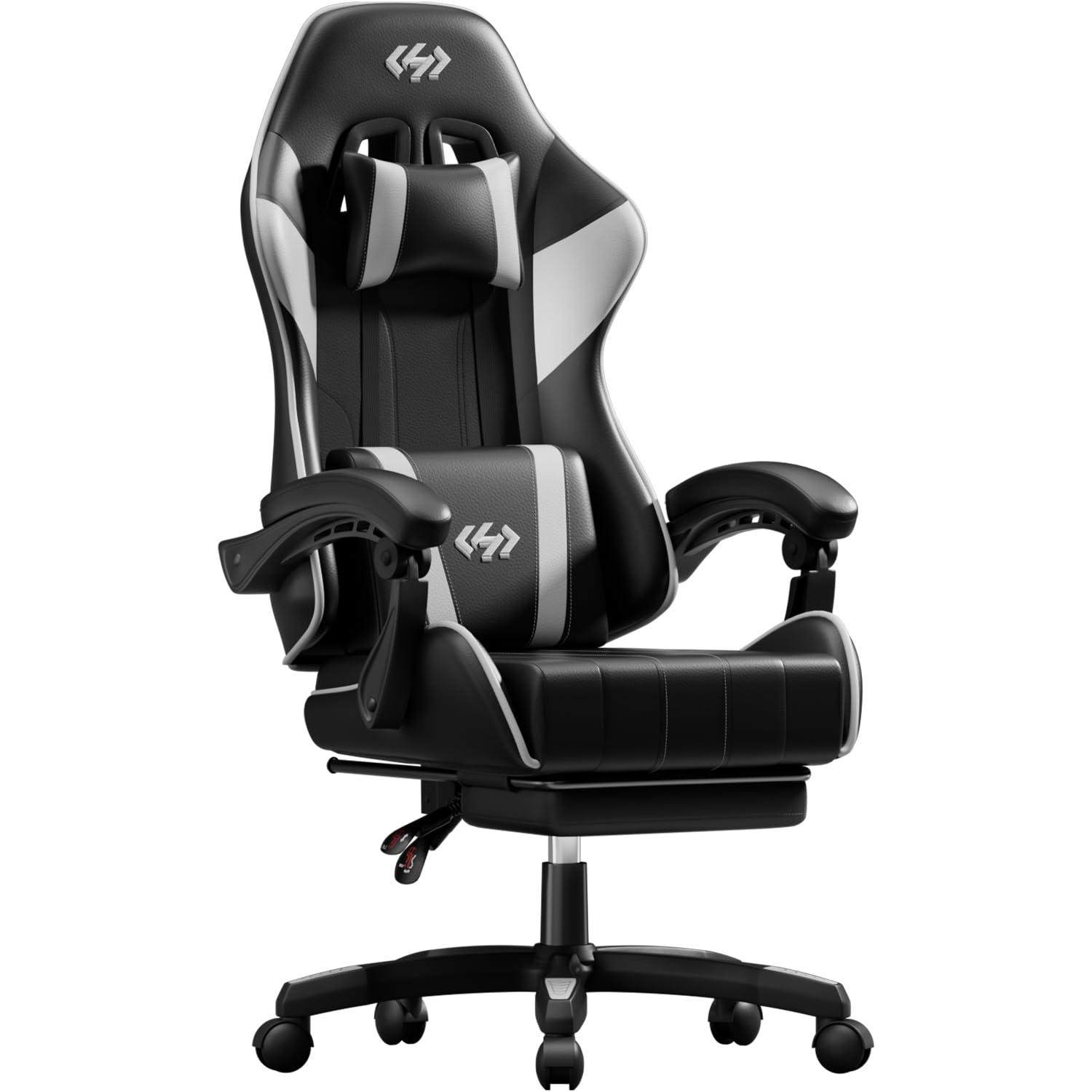 HLFURNIEU Ergonomic Gaming Chair, Gamer Chair with Retractable Headrest and Footrest, Cadeira Gaming with Lumbar Support, Height Adjustable Gamer Chair, Black and White