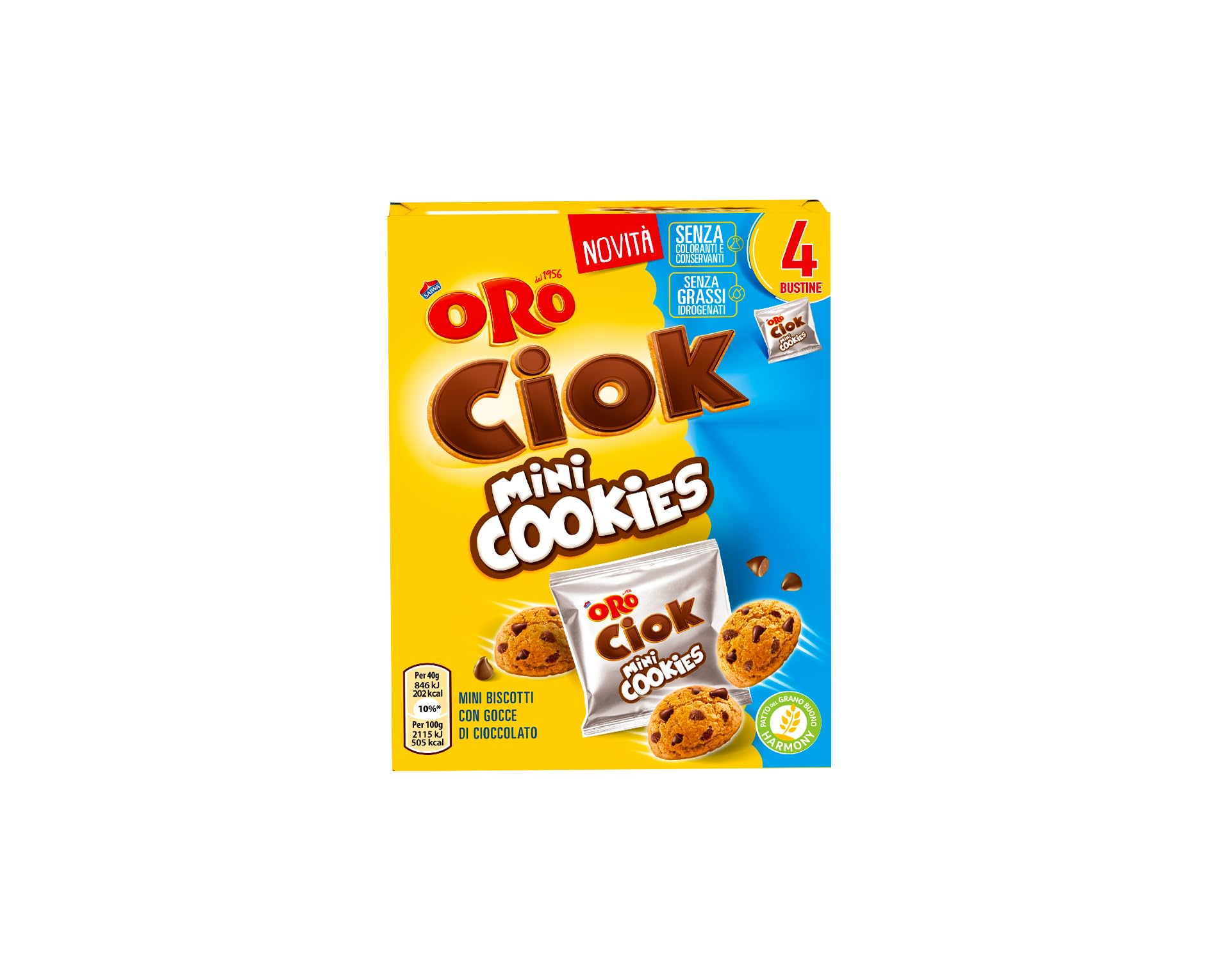 Oro Ciok Mini Cookies, Mini Biscotto Cookies Ripieno di Gocce di Cioccolato al Latte, Merenda Semplice e Golosa, Fonte Naturale di Fibre, Senza Coloranti e Conservanti, 160g (4 monoporzioni da 40g) Standard