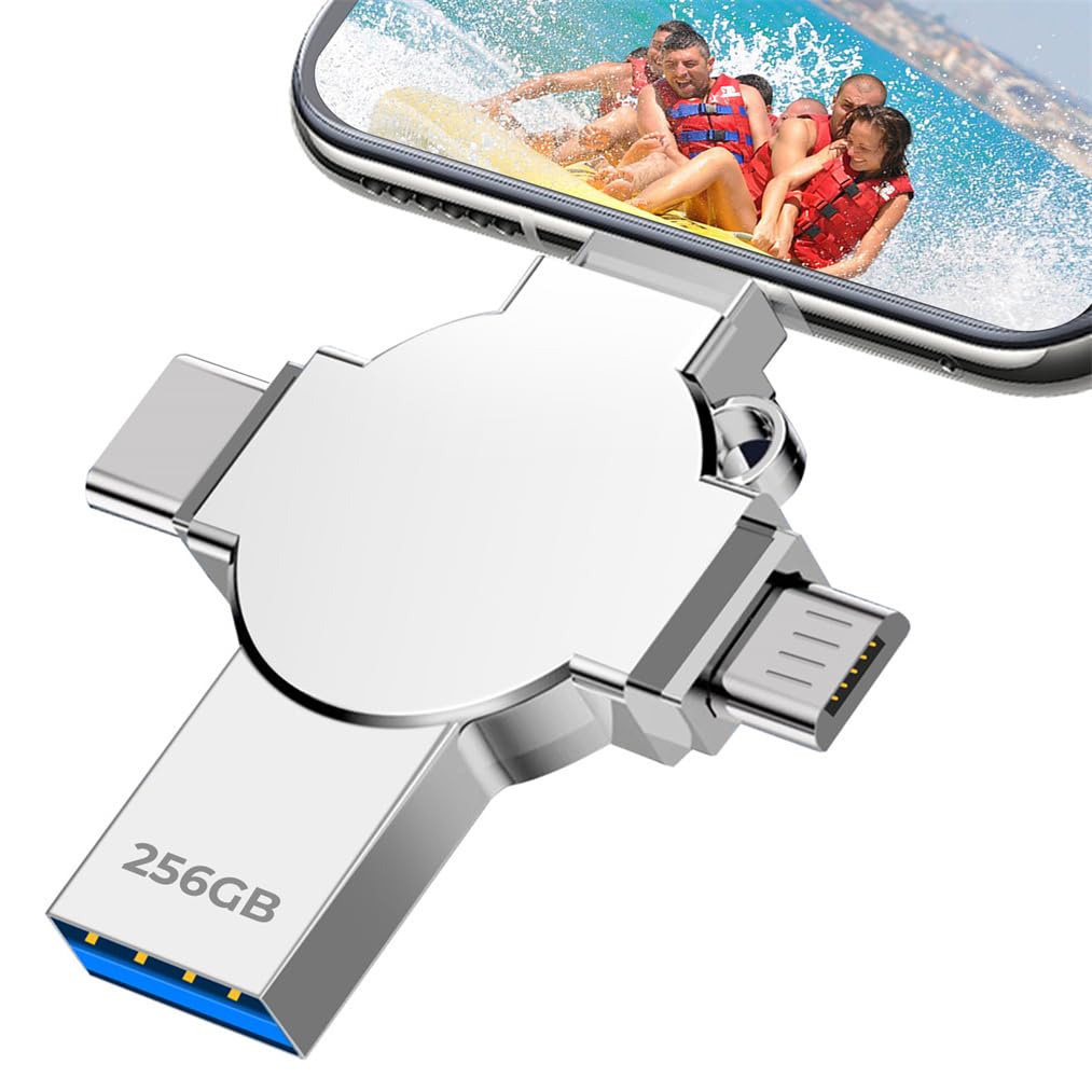 Photo Stick USB Flash Drive 256GB Pkinnde - 4 in 1 USB 3.0 High Speed Thumb Drive Large Storage USB Drive Portable Memory Stick 256GB for Smartphone, OTG Android, Tablets, Computer, PC, Silver