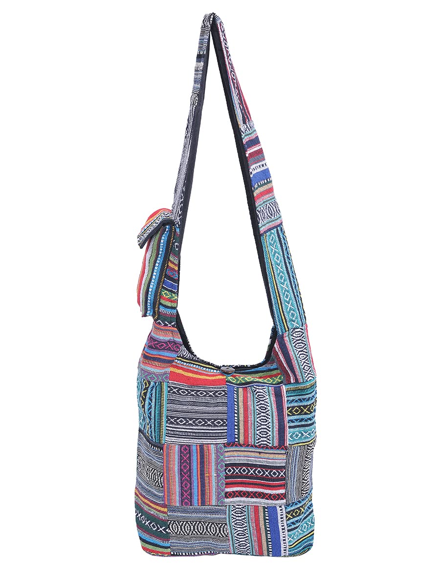 THE COLLECTION ROYALBohemian Patchwork Crossbody Purse - Hippie Ethnic Vintage Tribal Inspired Handbag (Blue)