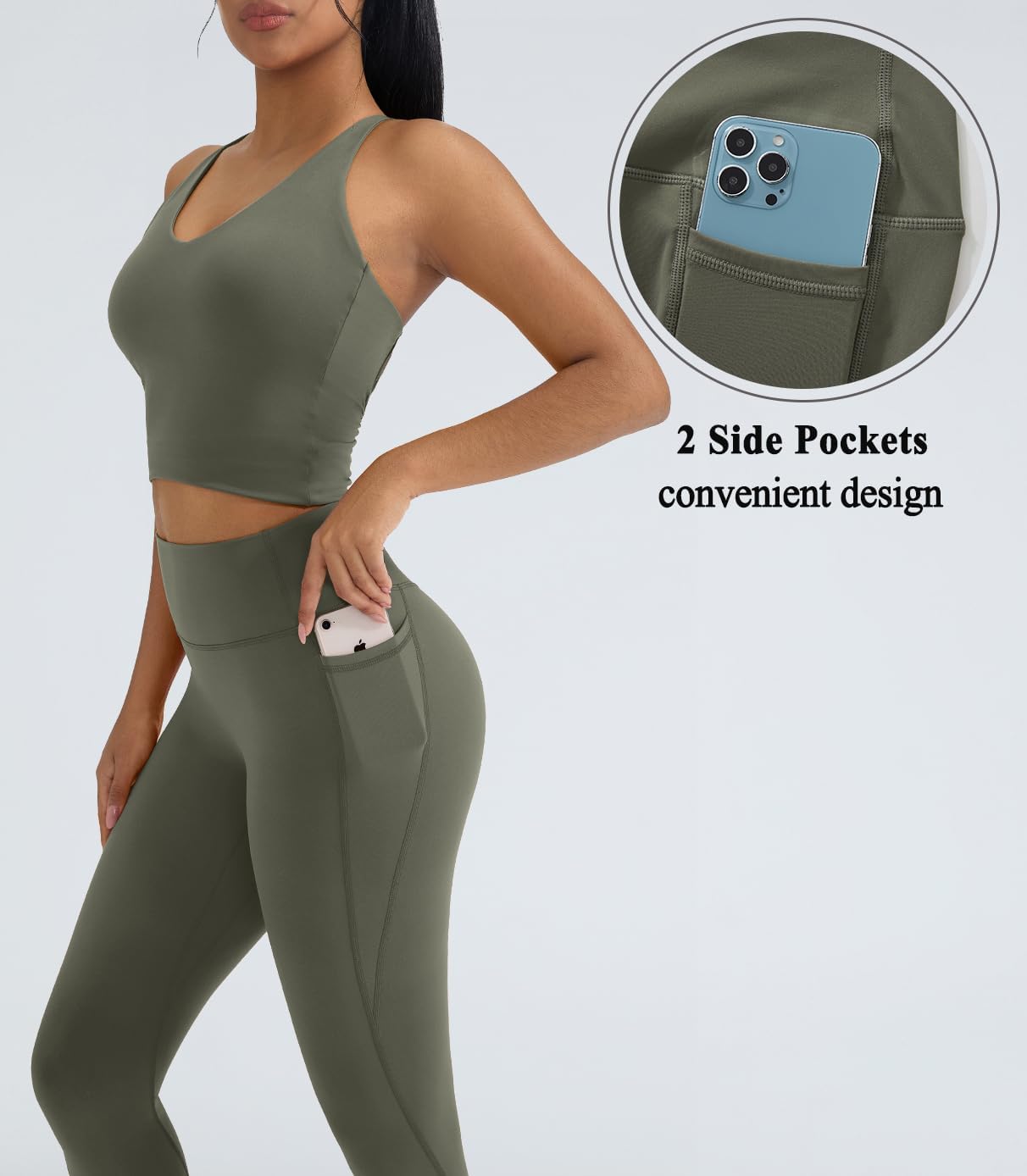 OMKAGI 2 Piece Workout Sets for Women Padded Workout Tops Booty Leggings with Pockets Gym Sets - Image 4