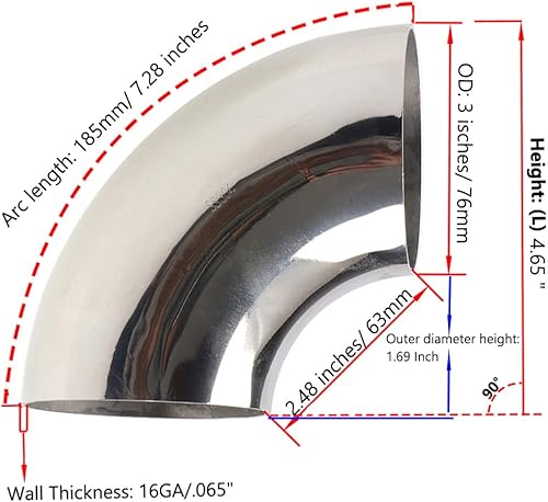 Miniatura 2 de Caliber - Codo curvado de mandril de 3 pulgadas y 90, tubo curvado de acero inoxidable SS304, tubo de escape de 90 grados, grosor de 16 GA.065