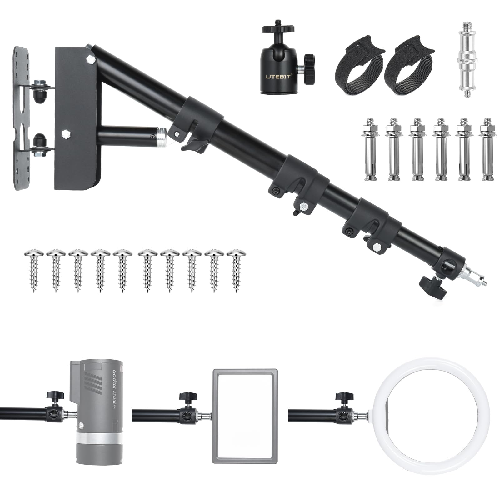 UTEBIT Wall Mount Triangle Boom Arm 43.3inch/110cm, 180° Flexible Rotation Ring Light Mount Adjustable Camera Mount for Studio Video Light, Monolight, Photography, Softbox, Reflector (Black)