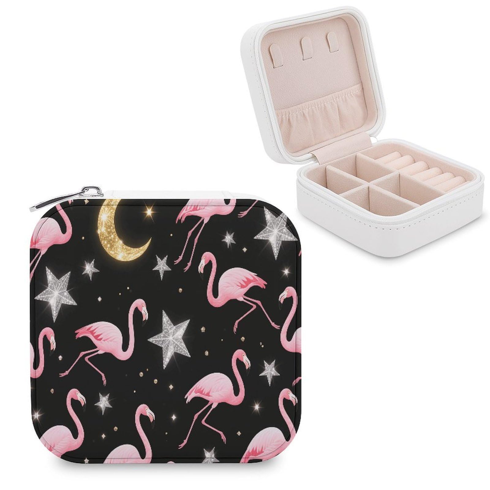 VstaDank Flamingos Jewelry Organizer Travel Case for Women With Zipper Mini Jewelry Case PU Leather Jewelrys Box for Rings Necklaces Bracelets Earring Holder Organizer Storage