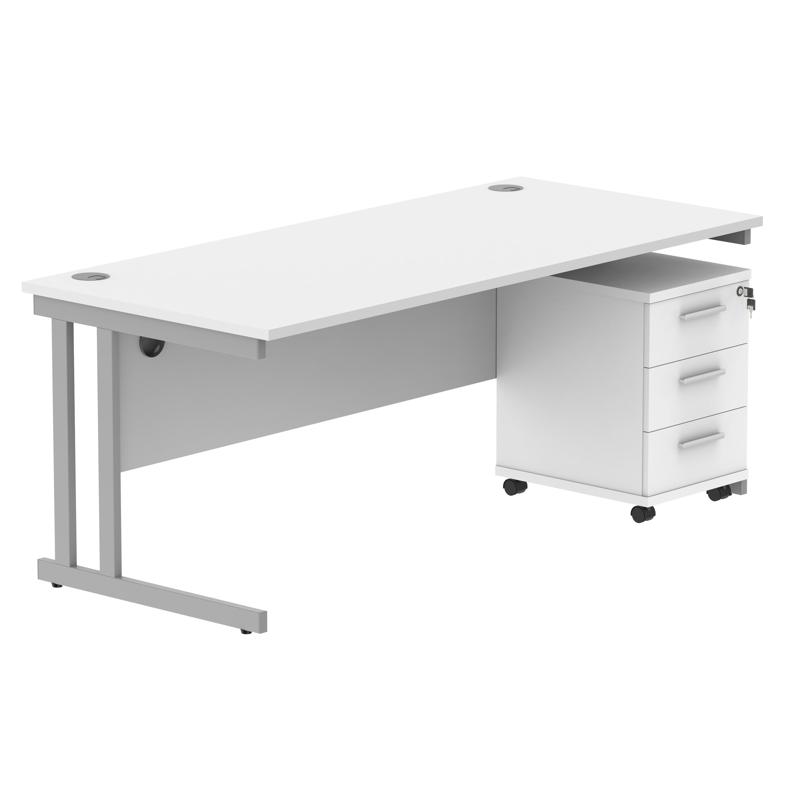 Office Hippo Heavy Duty Rectangular Desk, 3 Drawer Mobile Pedestal, Silver Frame, Arctic White, 180 x 80 x 73 cm