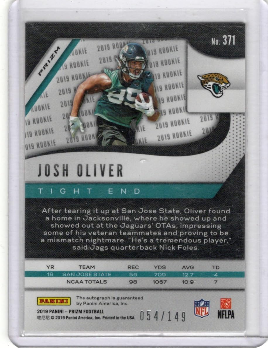 Josh Oliver Autographed & Serial Numbered #54/149 Red Wave Prizm Rookie Card Collectible Football Card - 2019 Panini Prizm Football Card #371 (Jaguars)