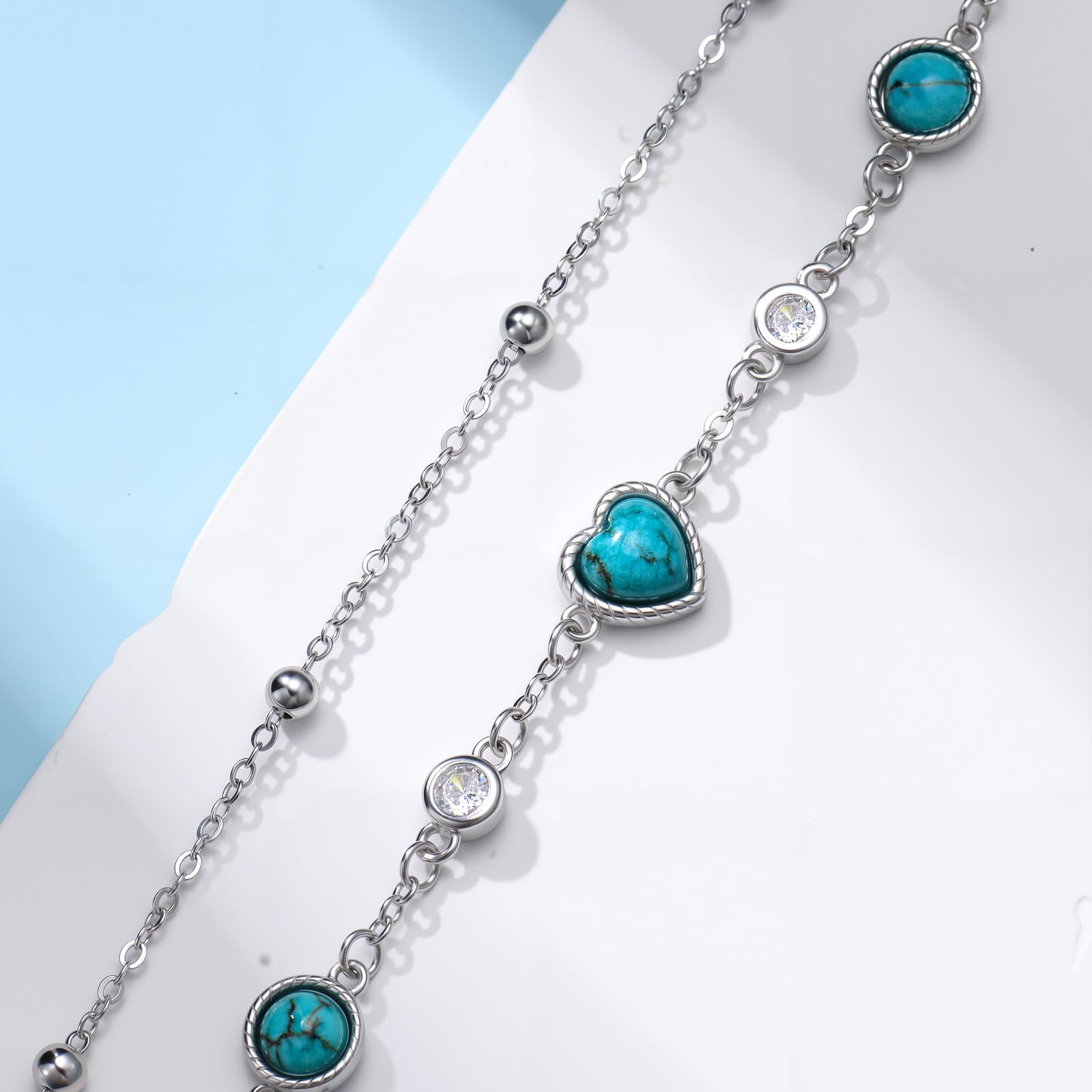 Cavigliera in turchese naturale, argento sterling 925, vera gemma turchese, regolabile e multistrato