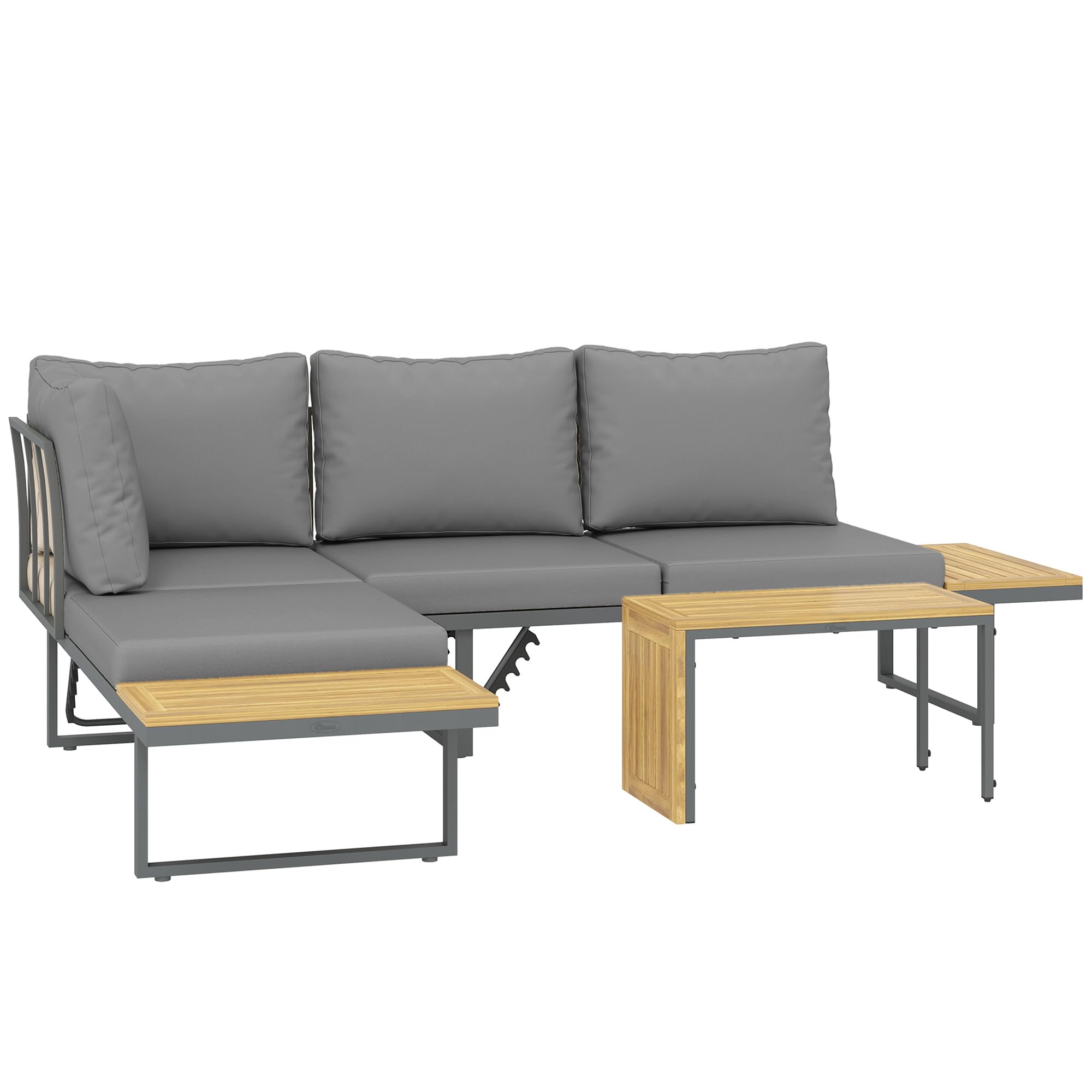 Outsunny Salon de Jardin extérieur d'angle 6 Places modulable en Bois d'acacia avec canapés et Table Basse, Dossier Ajustable, Coussins Inclus, chaises Longues pour terrasse Patio Jardin, Gris