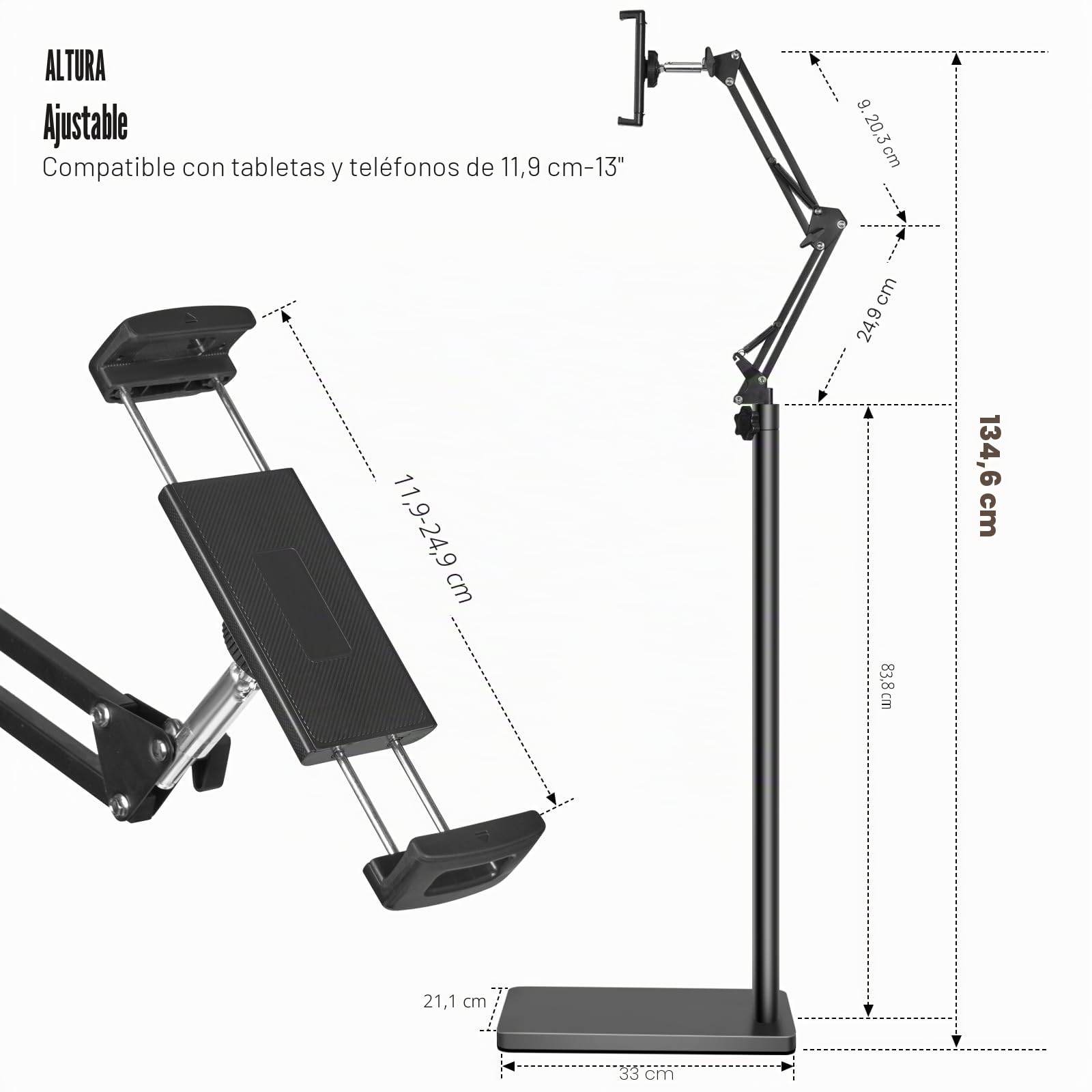 Lucky Trip Soporte de suelo para tablet con base de 6.6 libras, soporte giratorio de altura ajustable, compatible con iPad, Kindle, Galaxy Tab, teléfonos celulares
