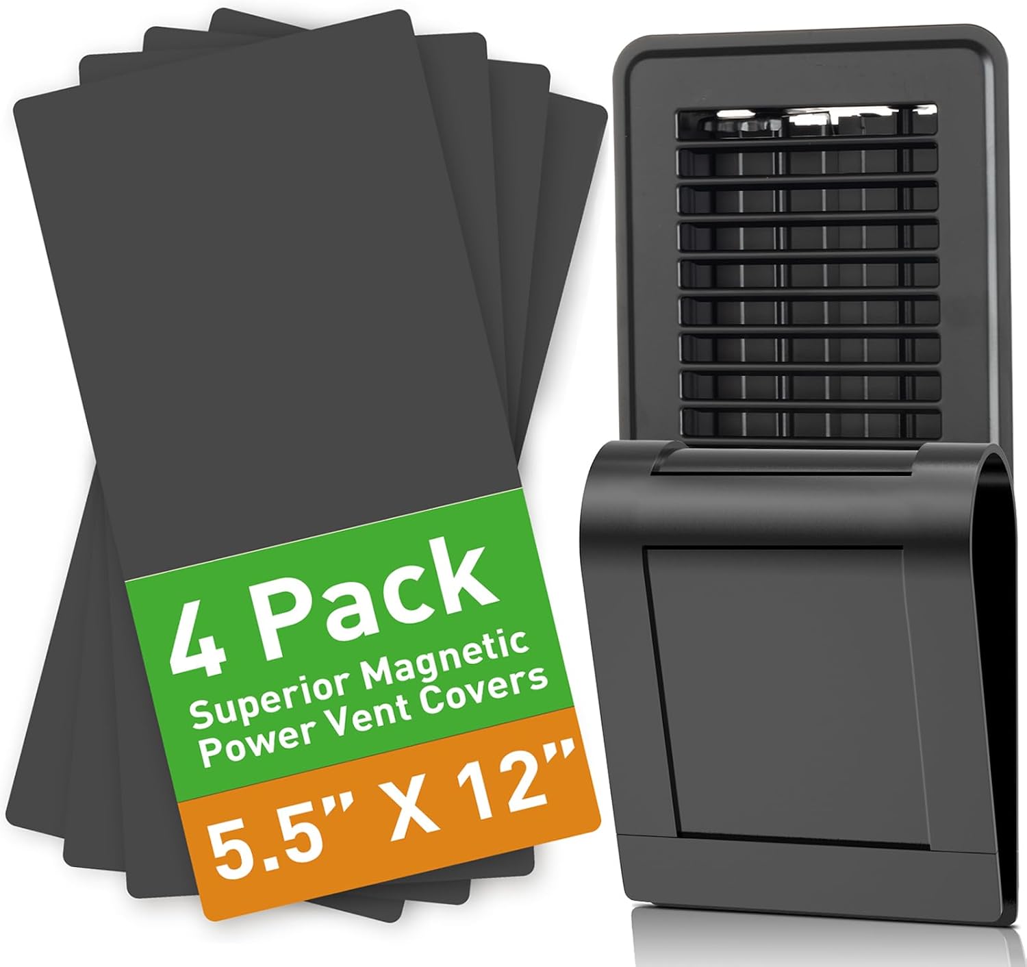 Magnetic Vent Covers for Home Floor, Wall and Ceiling Vent Register, Black Vent Covers 5.5'' X 12'' for Complete Seal, Vent Cover to Block Air, for RV, Air Conditioning, HVAC and AC Vents, 4 Pack