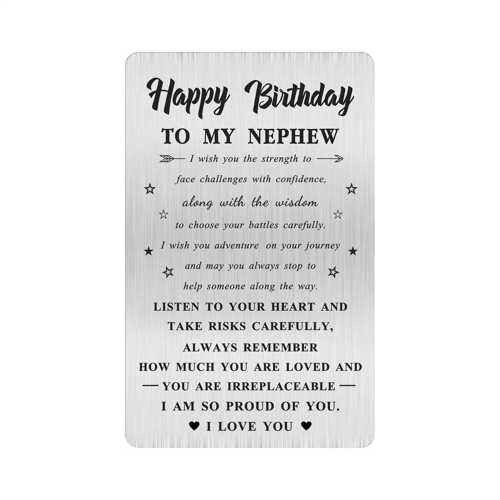 Alotozo Personalized Birthday Card for Nephew - Laser Engraved Stainless Steel Wallet Card, Nephew Birthday Gift, Durable Bday Keepsake