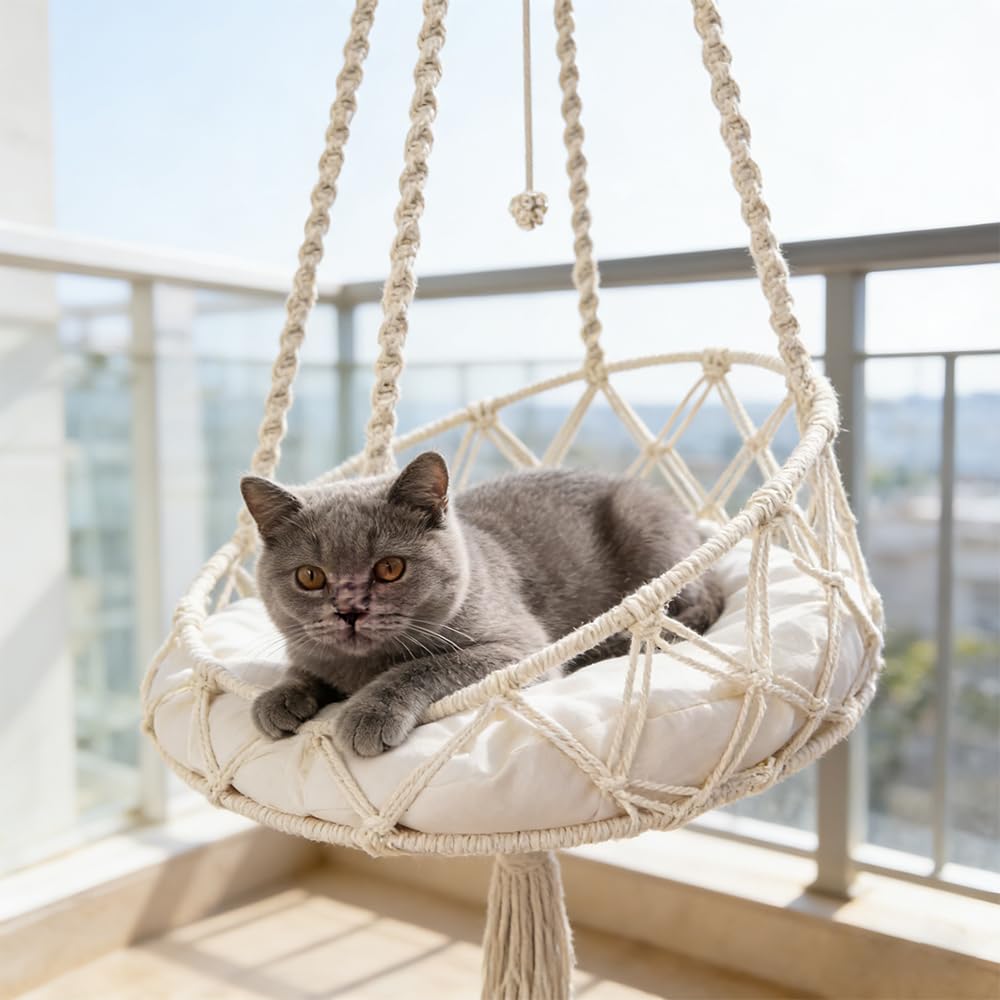 Katzenschaukel, HOVCEH Boho Makramee Katzen Hängematte mit Katzenspielzeug-Stick, 40cm Katzenhängematte Hängen Fenster für Garten, Terrasse, Balkon, Wohnzimmer